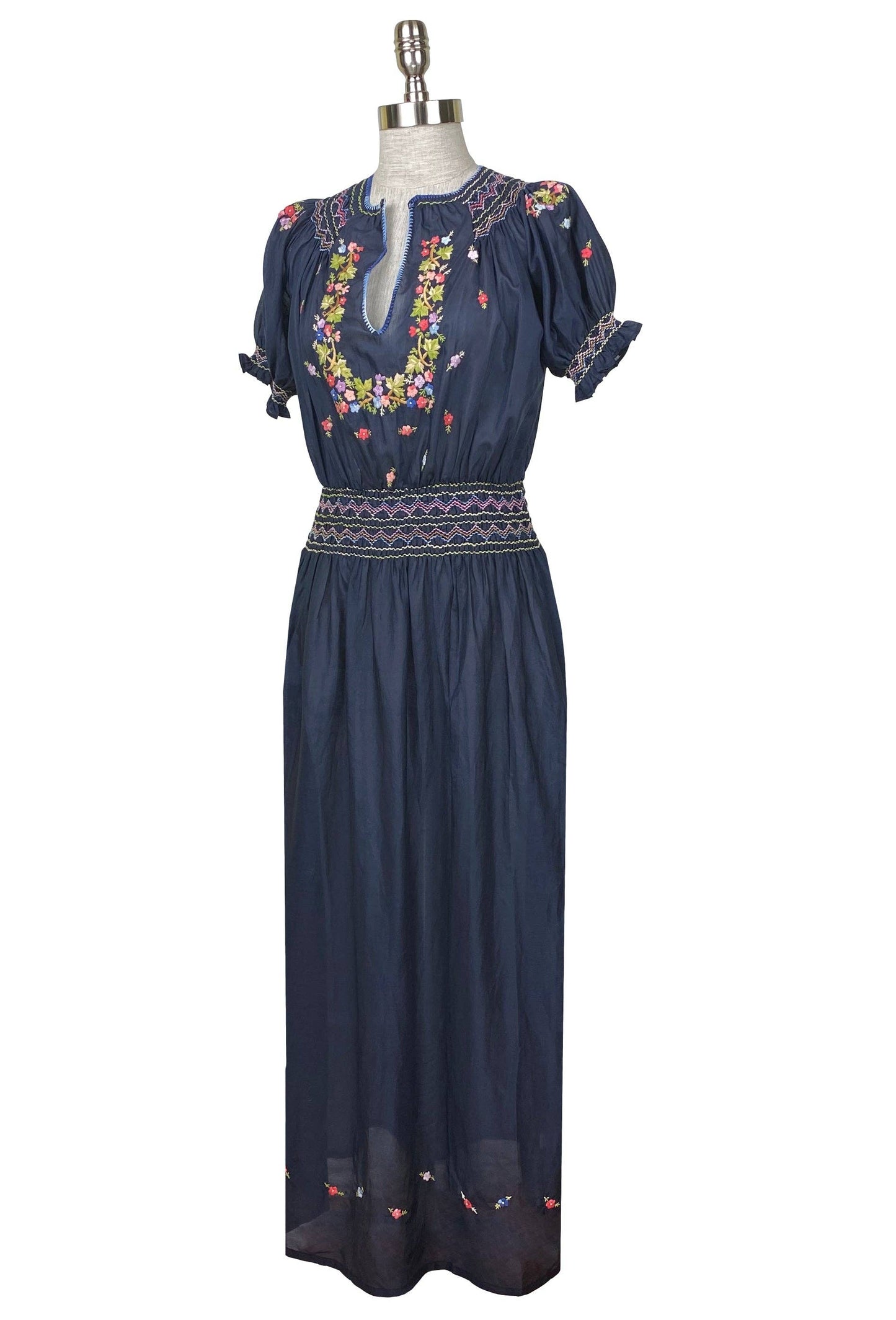 Vintage 1930's Style Embroidered Bohemian Maxi Dress - Navy