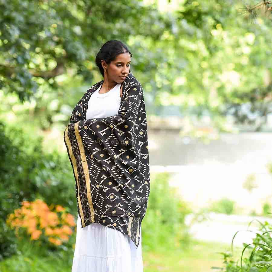 Women's Black Scarf - Geometric Block Printed Wrap | Mansa