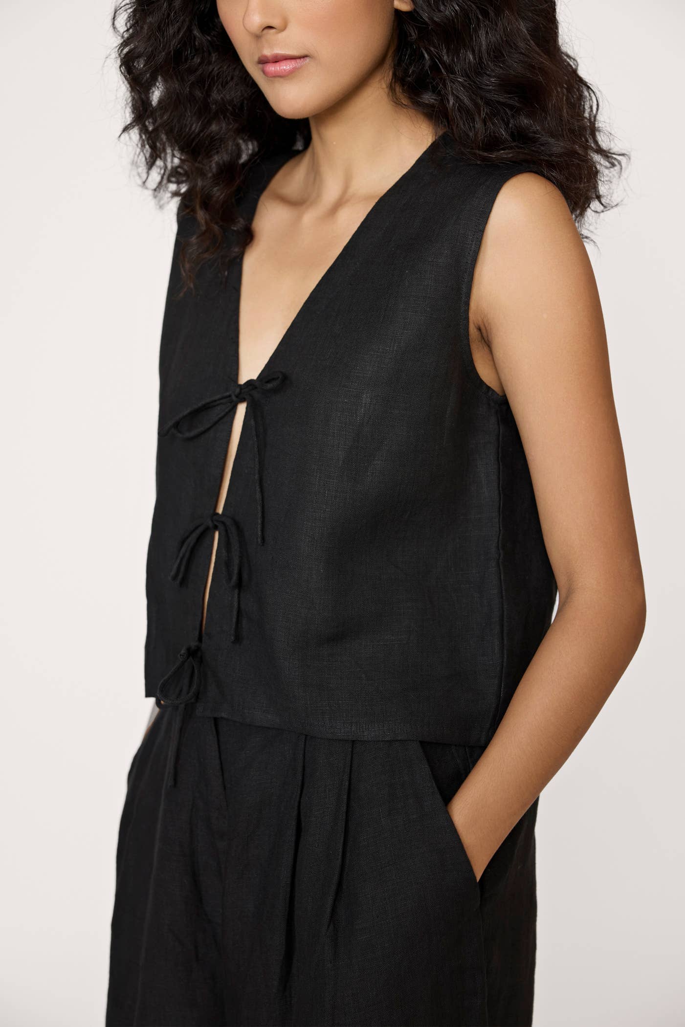 Tie Front Vest - Black Linen
