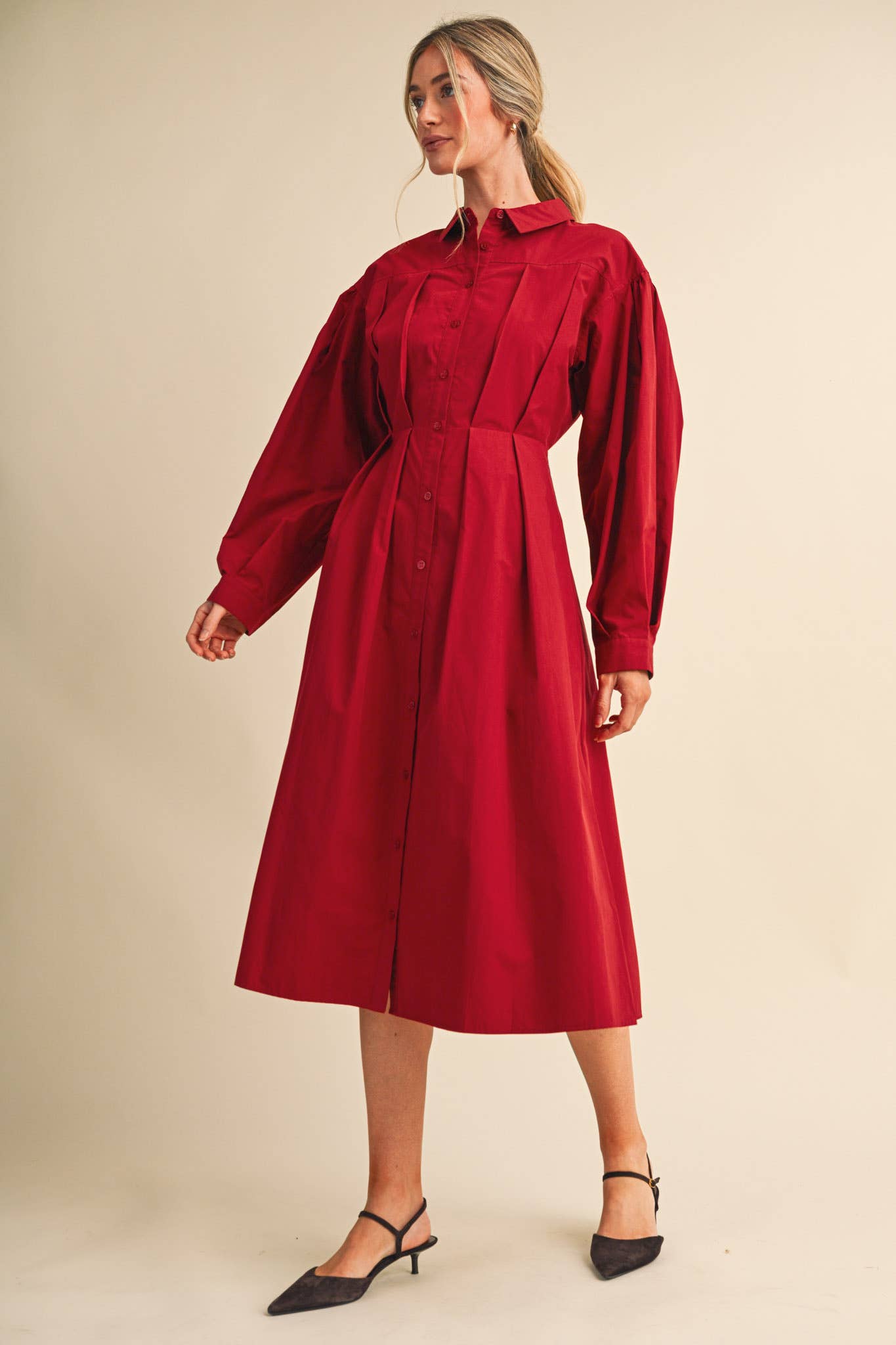 PLEATED WAIST BUTTON DOWN MIDI DRESS MDR5280