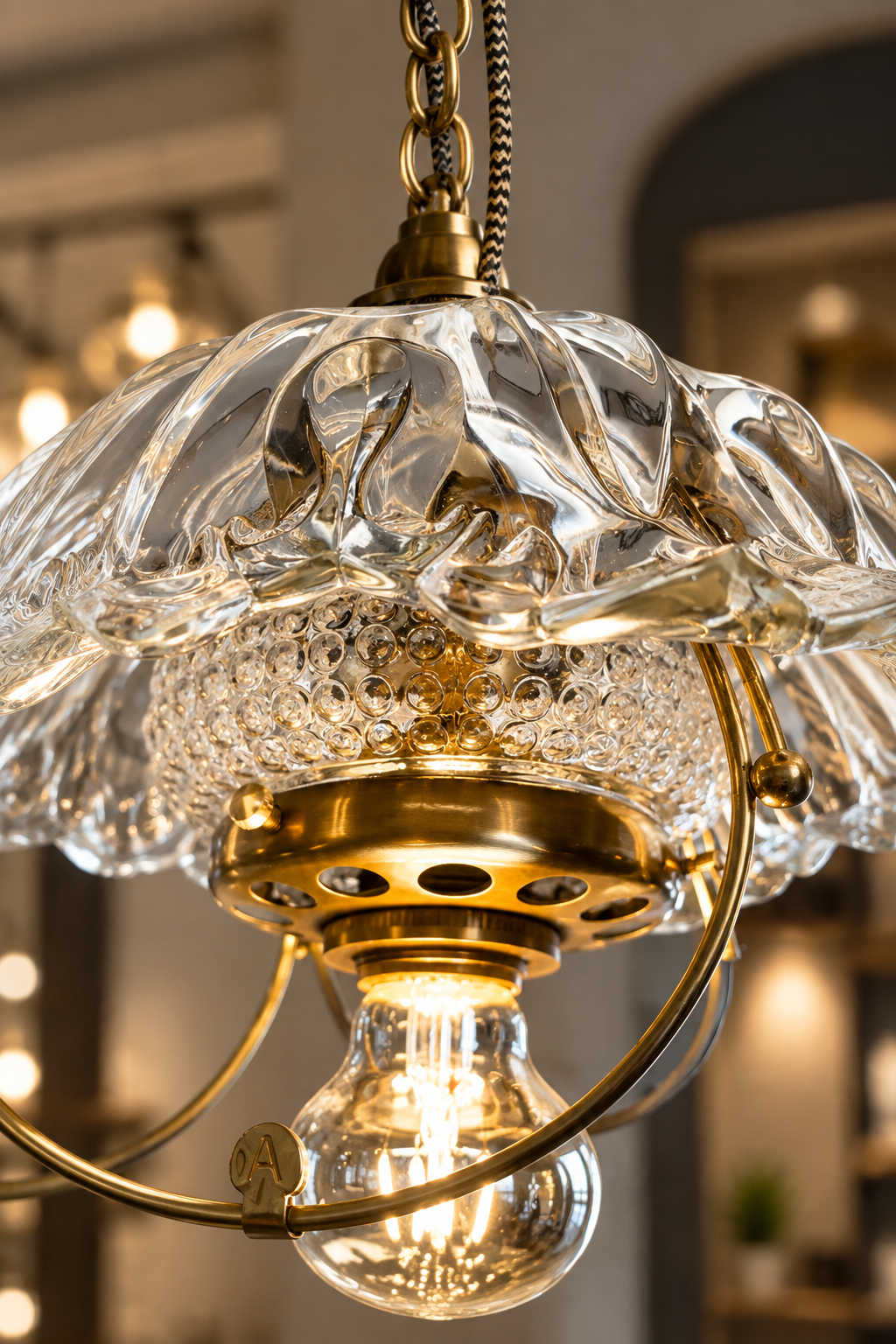 Full view of bespoke assembled pendant light hanging in shop