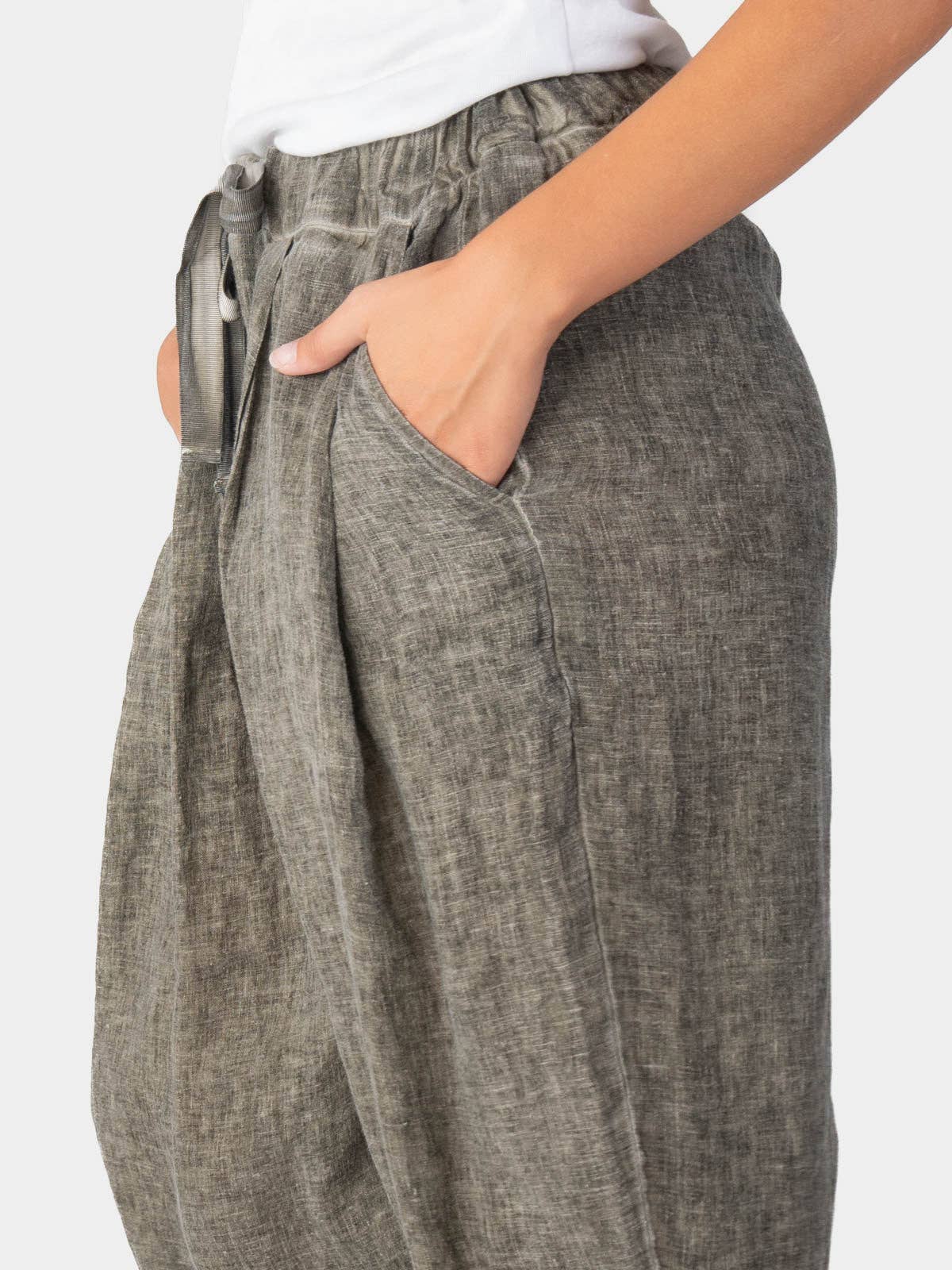 Stonewashed Linen Elastic Tie Waist Cropped Pants