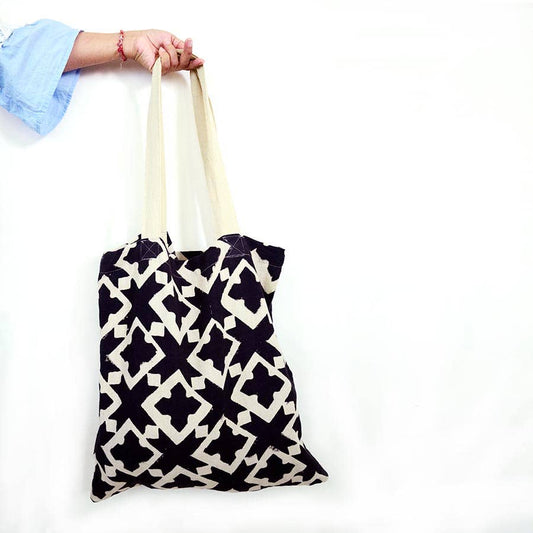 Block Printed Cotton Tote Shoulder Bag - Diamond