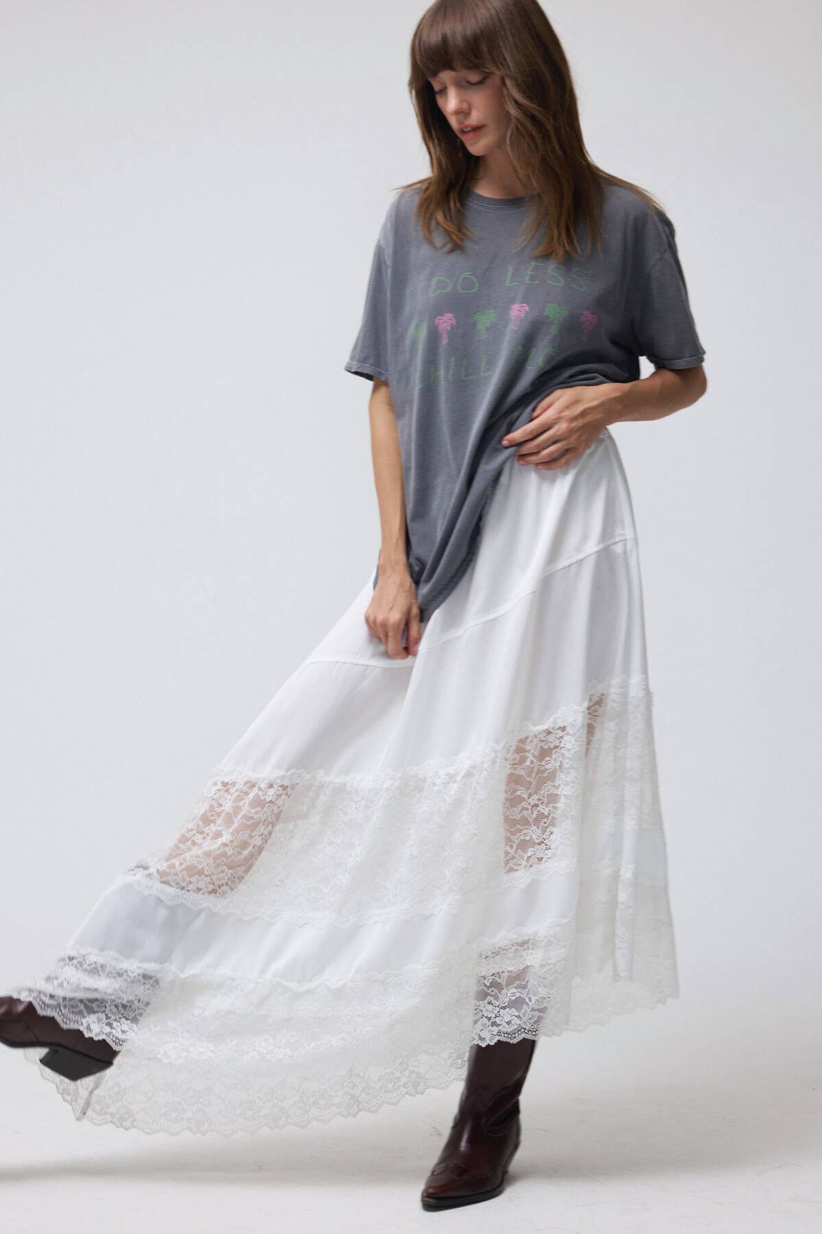 Lace Trim Asymmetrical Hem Satin Midi Skirt