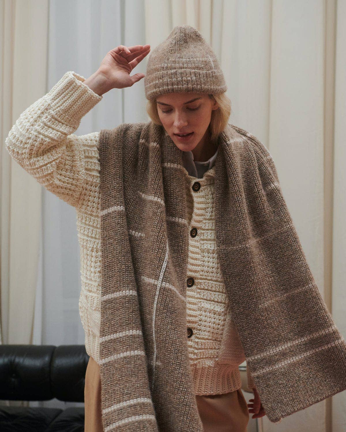 Raštų: Buckwheat & Off White Alpaca Wool Beanie