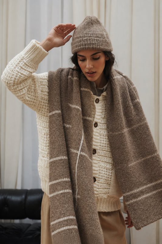Raštų: Buckwheat & Off White Alpaca Wool Beanie