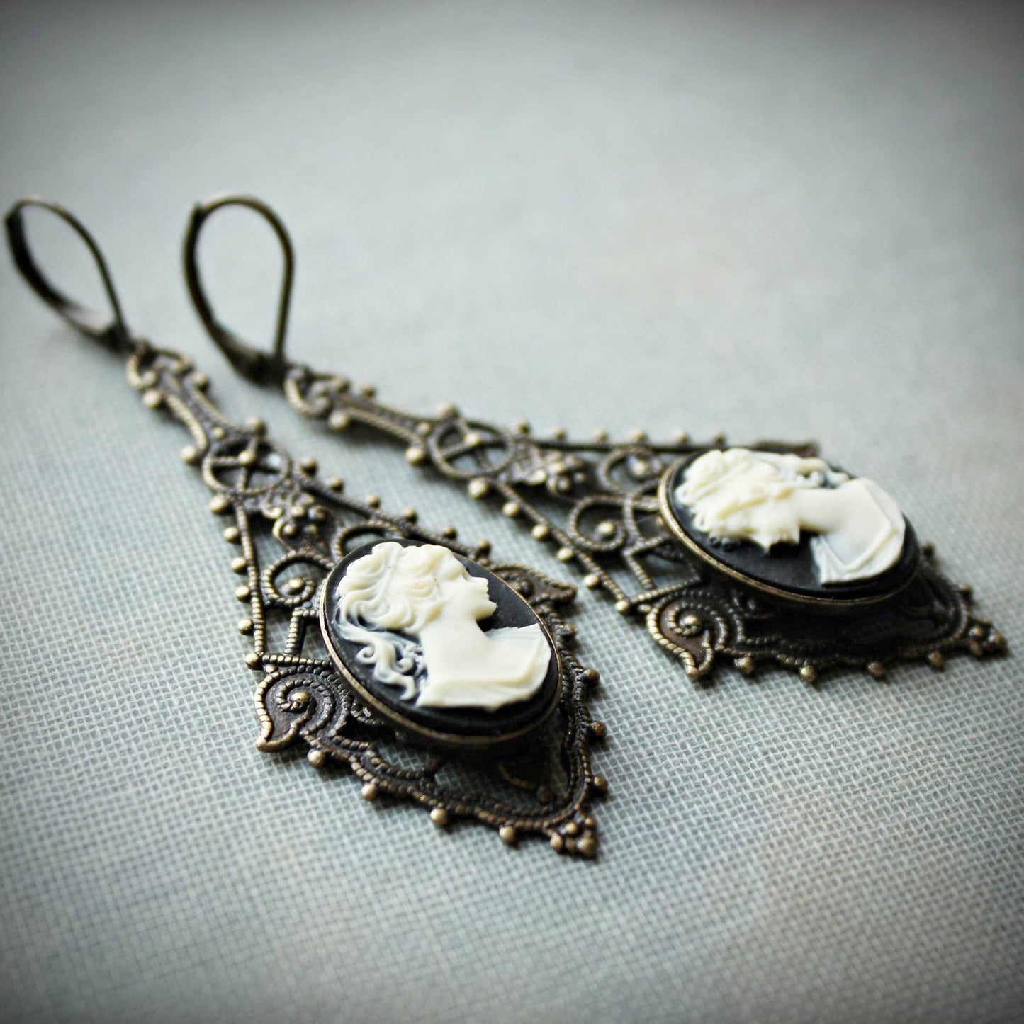 Large Filigree Black and Ivory Cameo Earrings