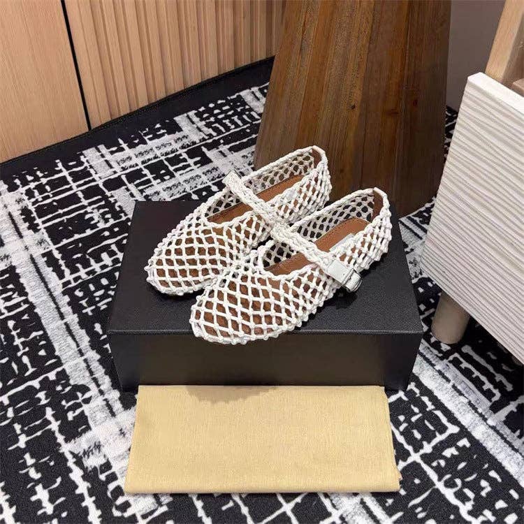 Open Weave T-Strap Mary Jane Flat Sandals Women N6C142