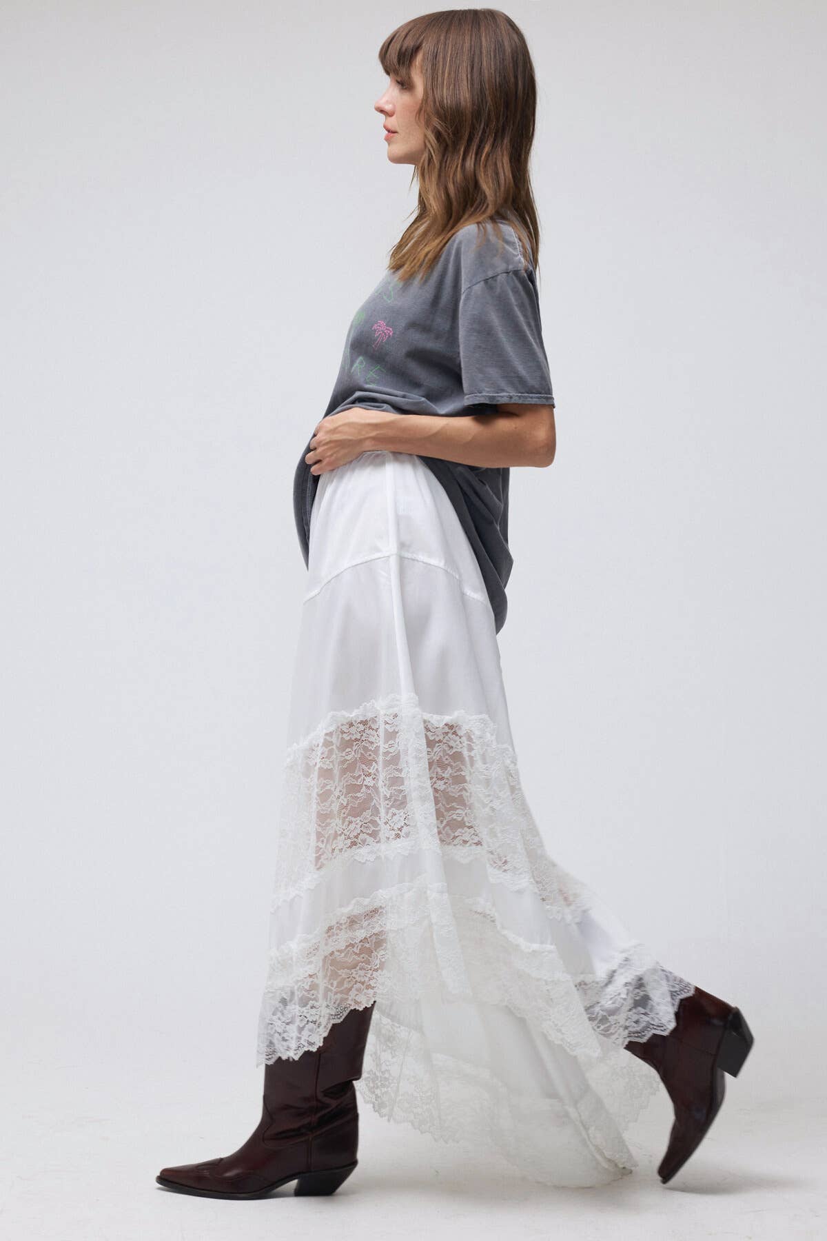 Lace Trim Asymmetrical Hem Satin Midi Skirt