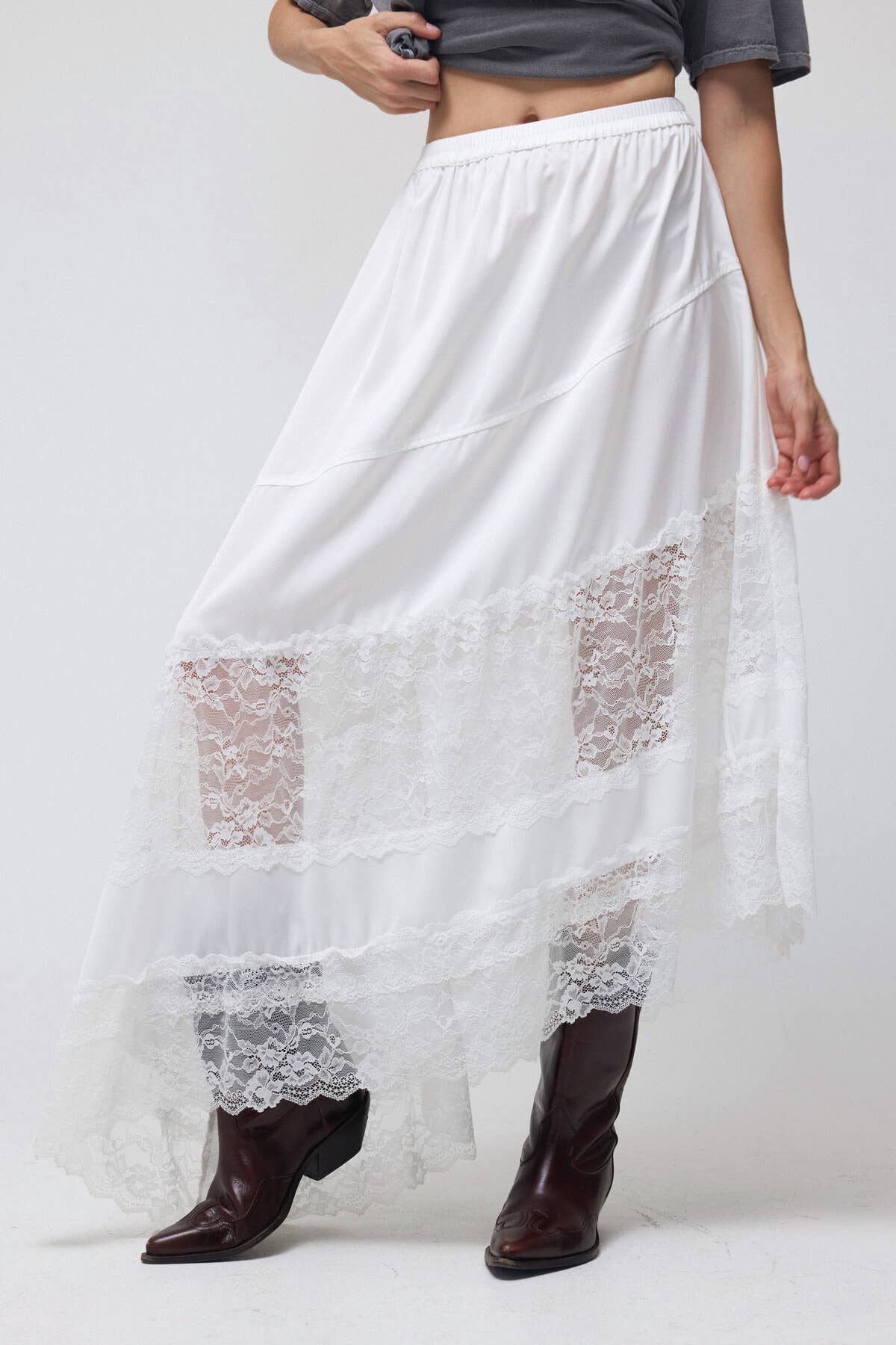 Lace Trim Asymmetrical Hem Satin Midi Skirt