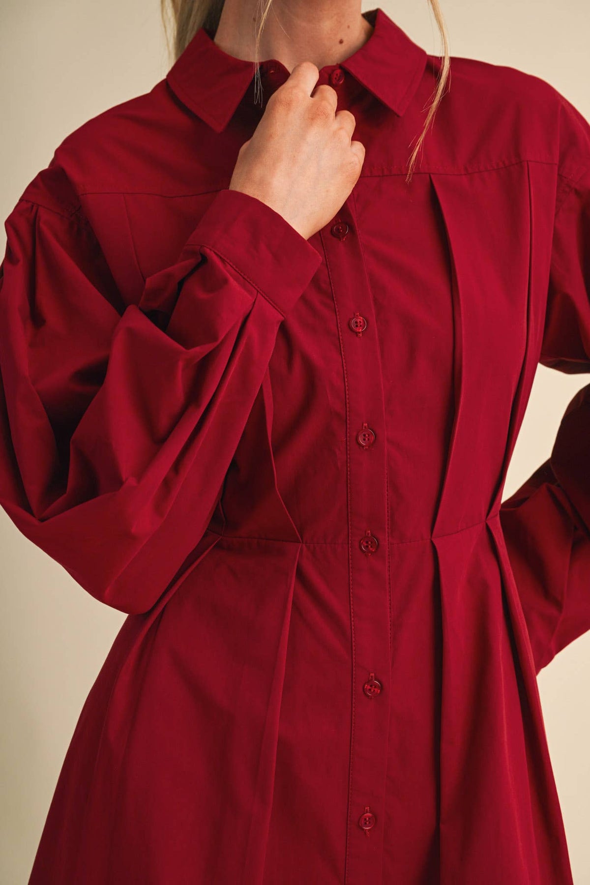 PLEATED WAIST BUTTON DOWN MIDI DRESS MDR5280