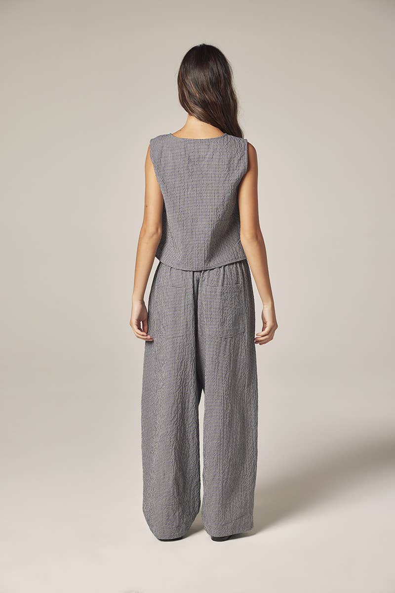 Plaid drawstring wide pants