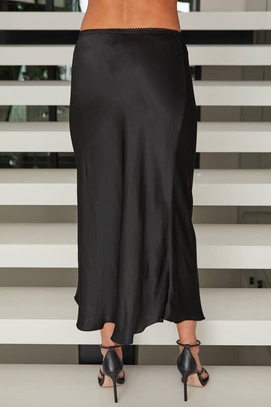 SILKY SLIP SKIRT WITH LACE ELASTIC WAISTBAND