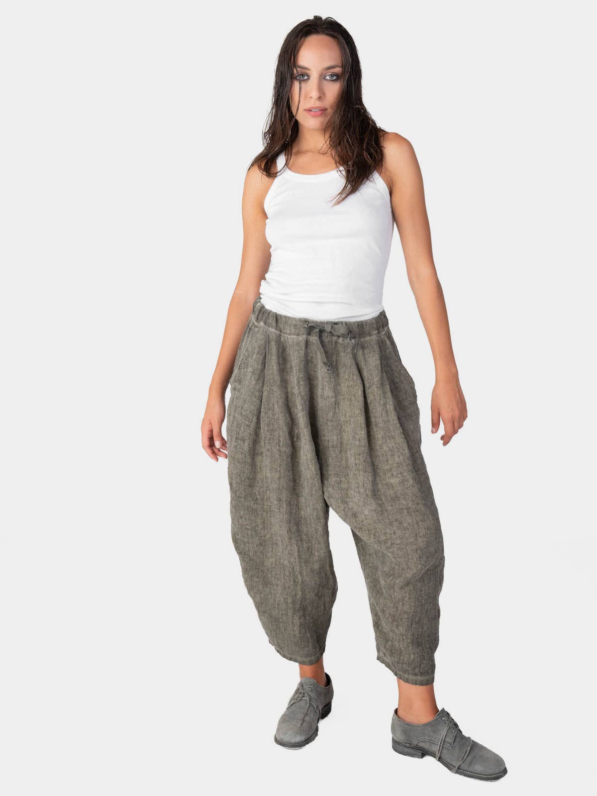 Stonewashed Linen Elastic Tie Waist Cropped Pants