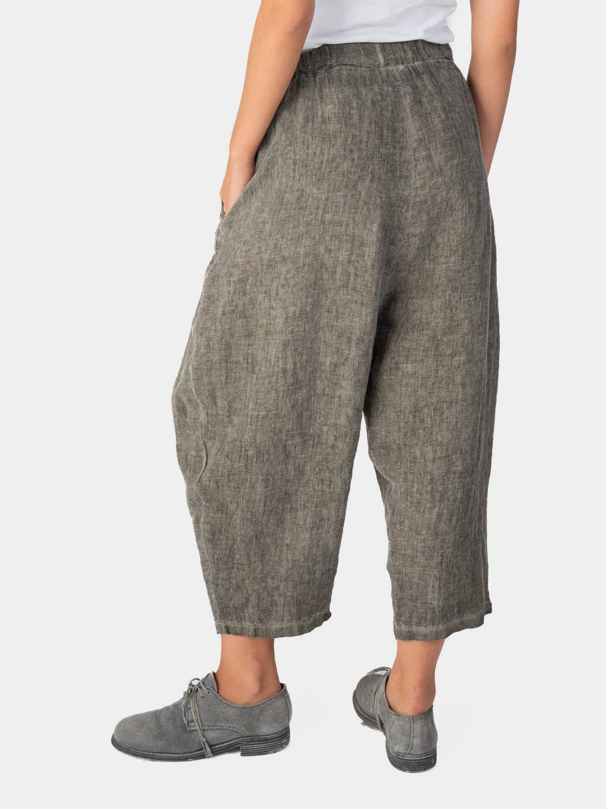 Stonewashed Linen Elastic Tie Waist Cropped Pants