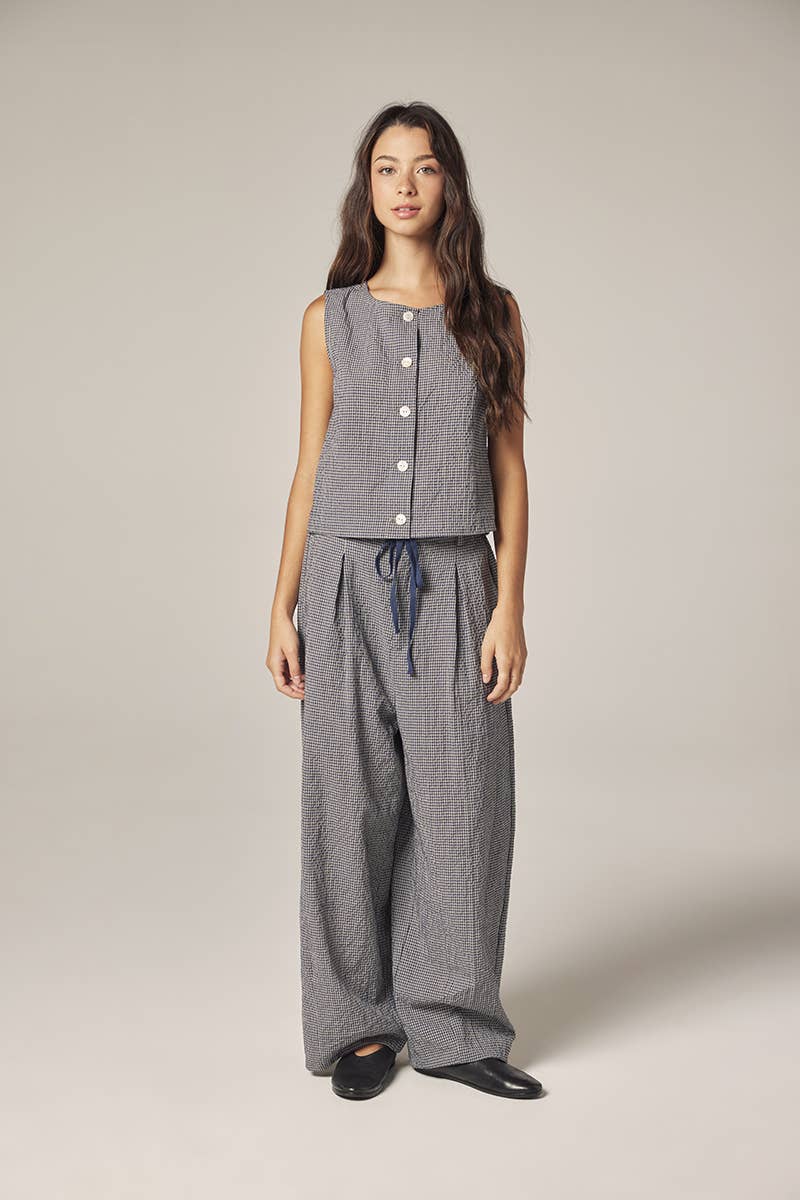 Plaid drawstring wide pants