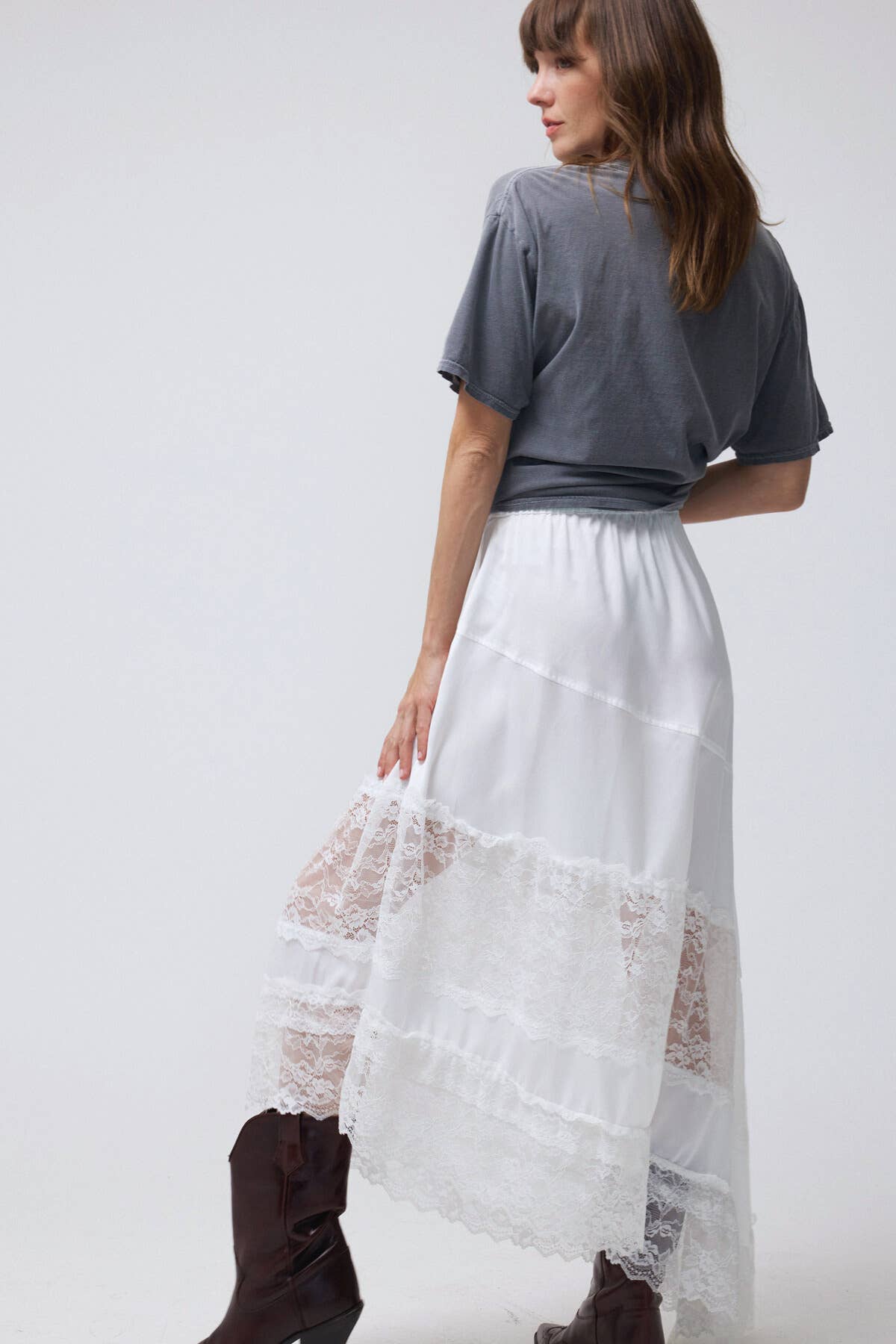 Lace Trim Asymmetrical Hem Satin Midi Skirt