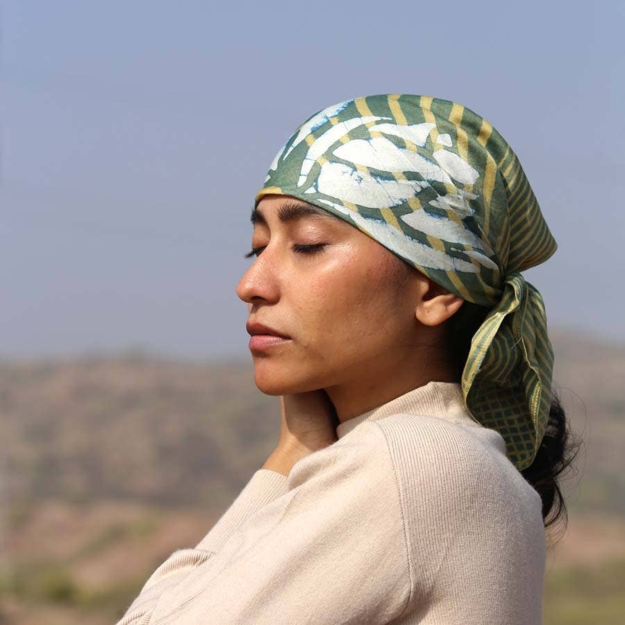 Green Square Plant Block Print Bandana, Hair Tie | Heer