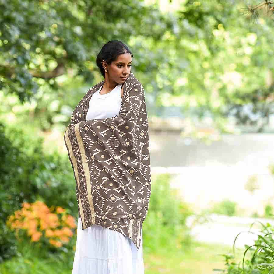 Women's Black Scarf - Geometric Block Printed Wrap | Mansa