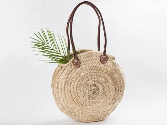 Round wicker basket Double leather handle, Moroccan Basket