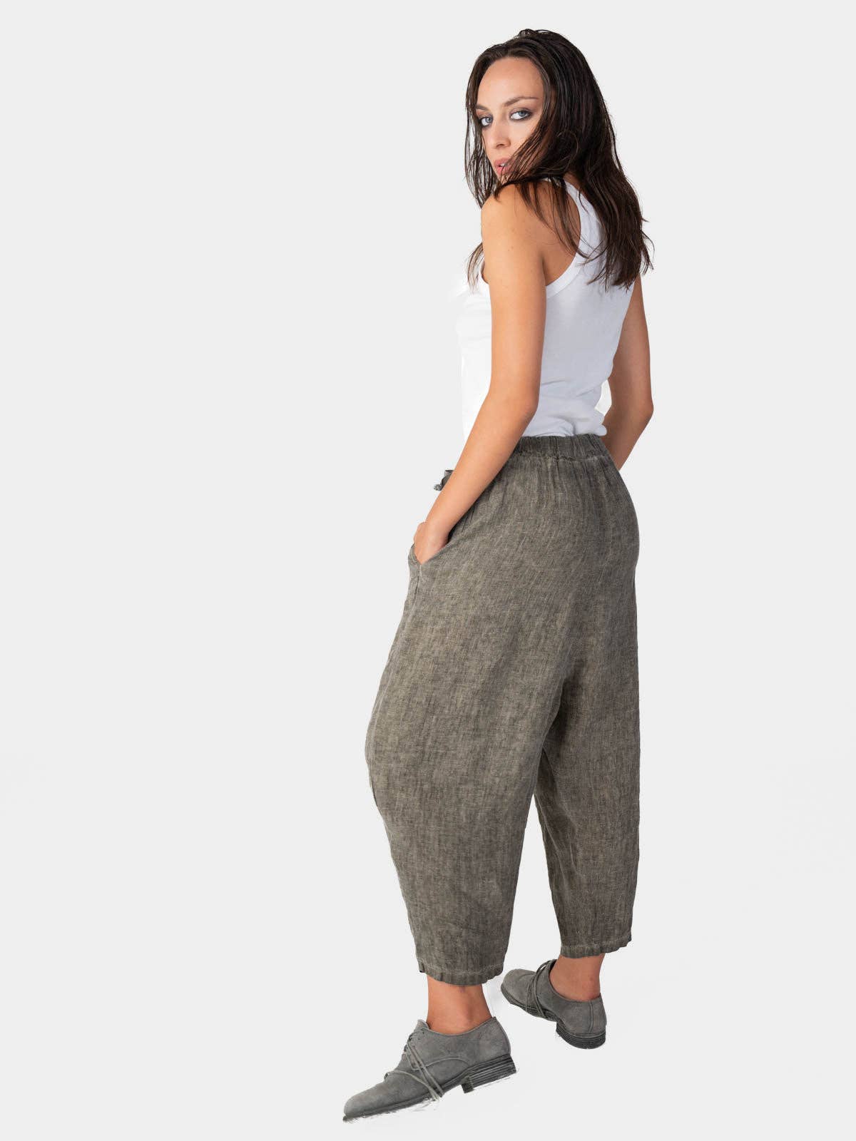 Stonewashed Linen Elastic Tie Waist Cropped Pants