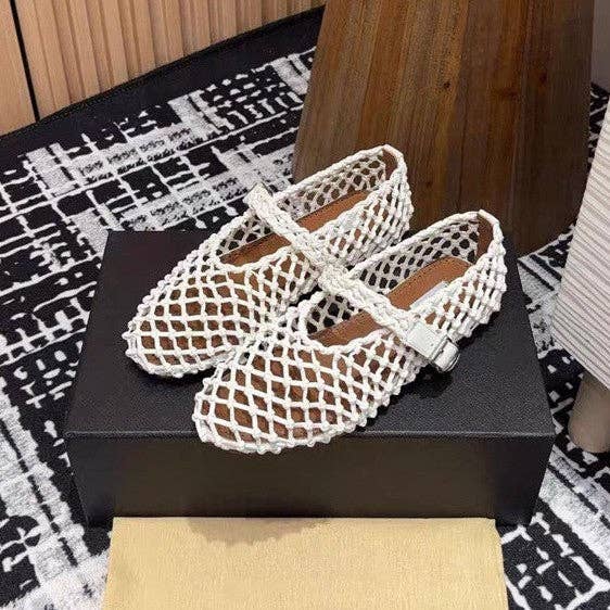 Open Weave T-Strap Mary Jane Flat Sandals Women N6C142