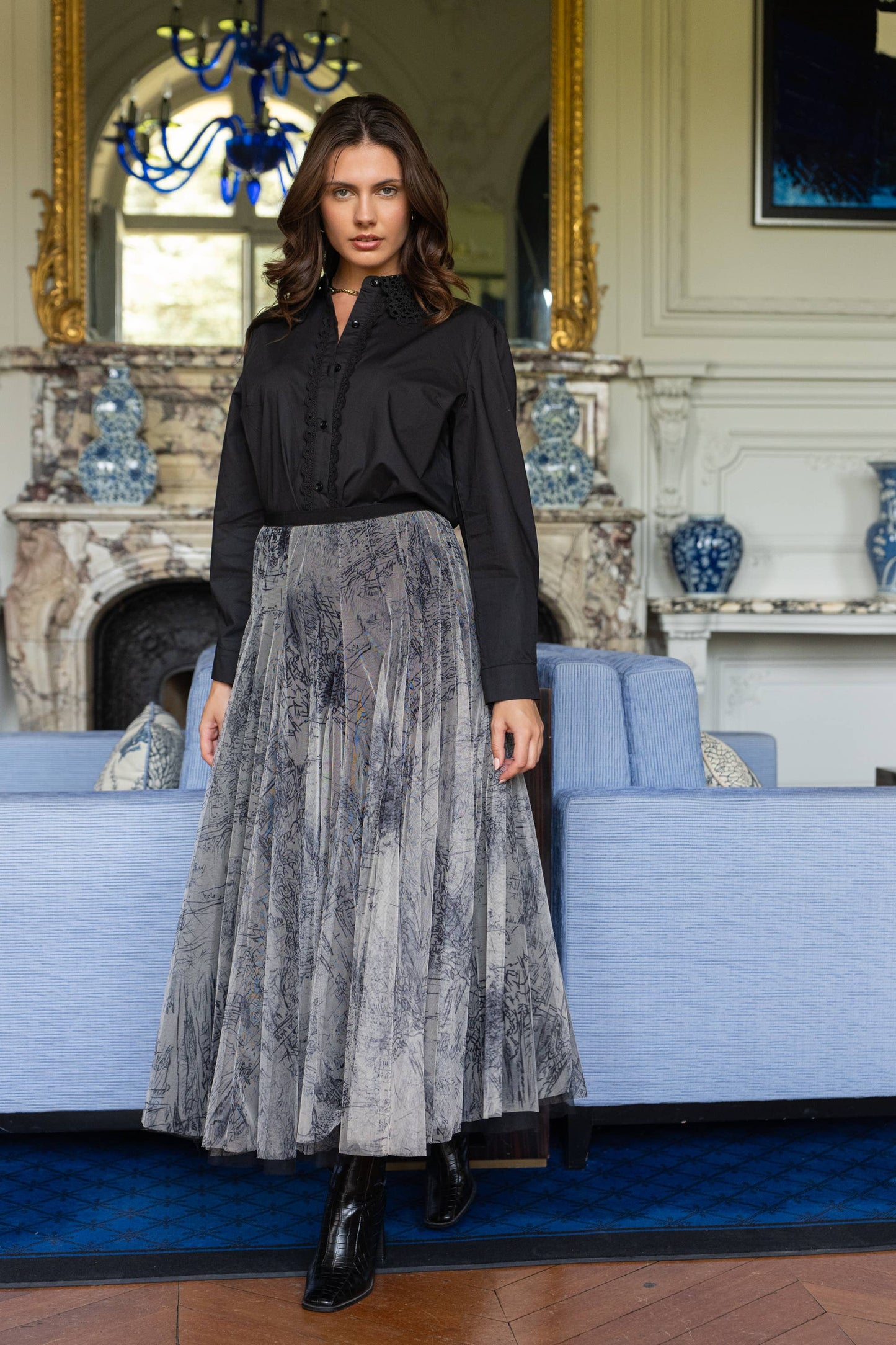 Amber skirt in toile de Jouy printed tulle - CK08202-1