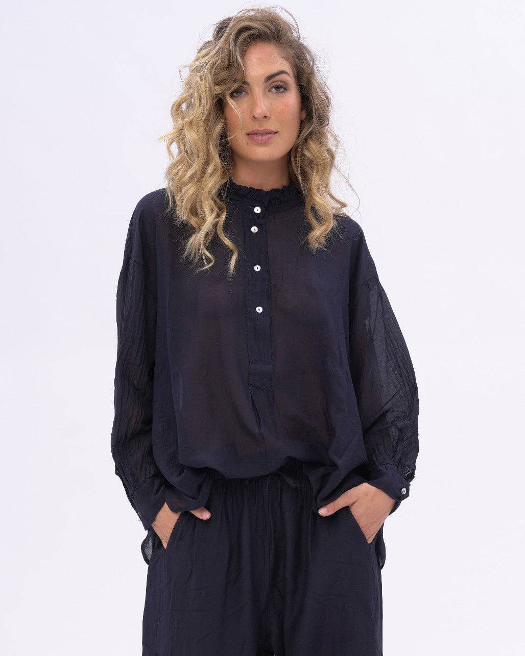 Cotton Ruffled Buttoned Neck Blouse