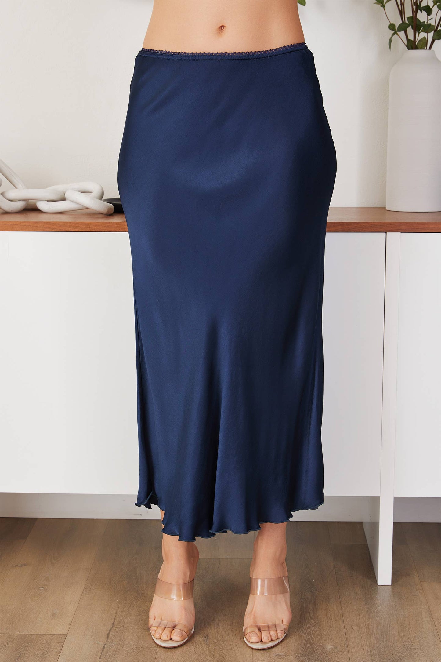 SILKY SLIP SKIRT WITH LACE ELASTIC WAISTBAND
