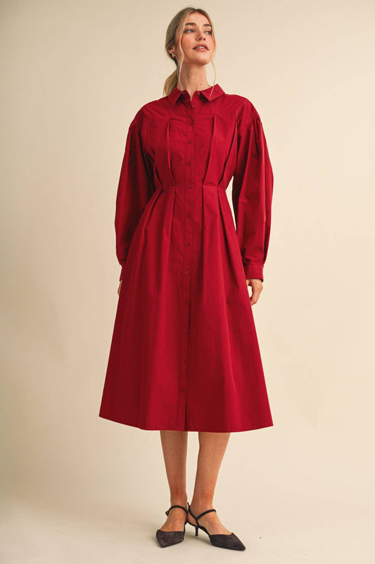 PLEATED WAIST BUTTON DOWN MIDI DRESS MDR5280