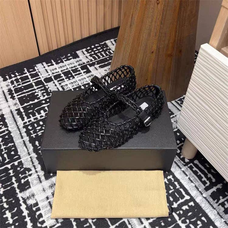 Open Weave T-Strap Mary Jane Flat Sandals Women N6C142