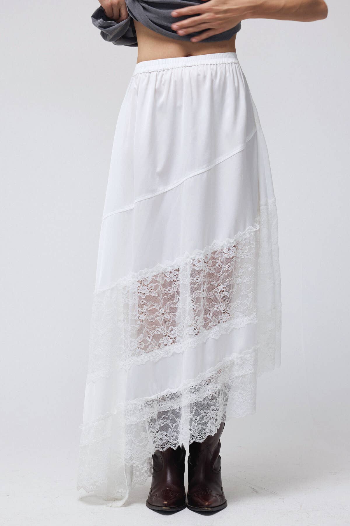 Lace Trim Asymmetrical Hem Satin Midi Skirt