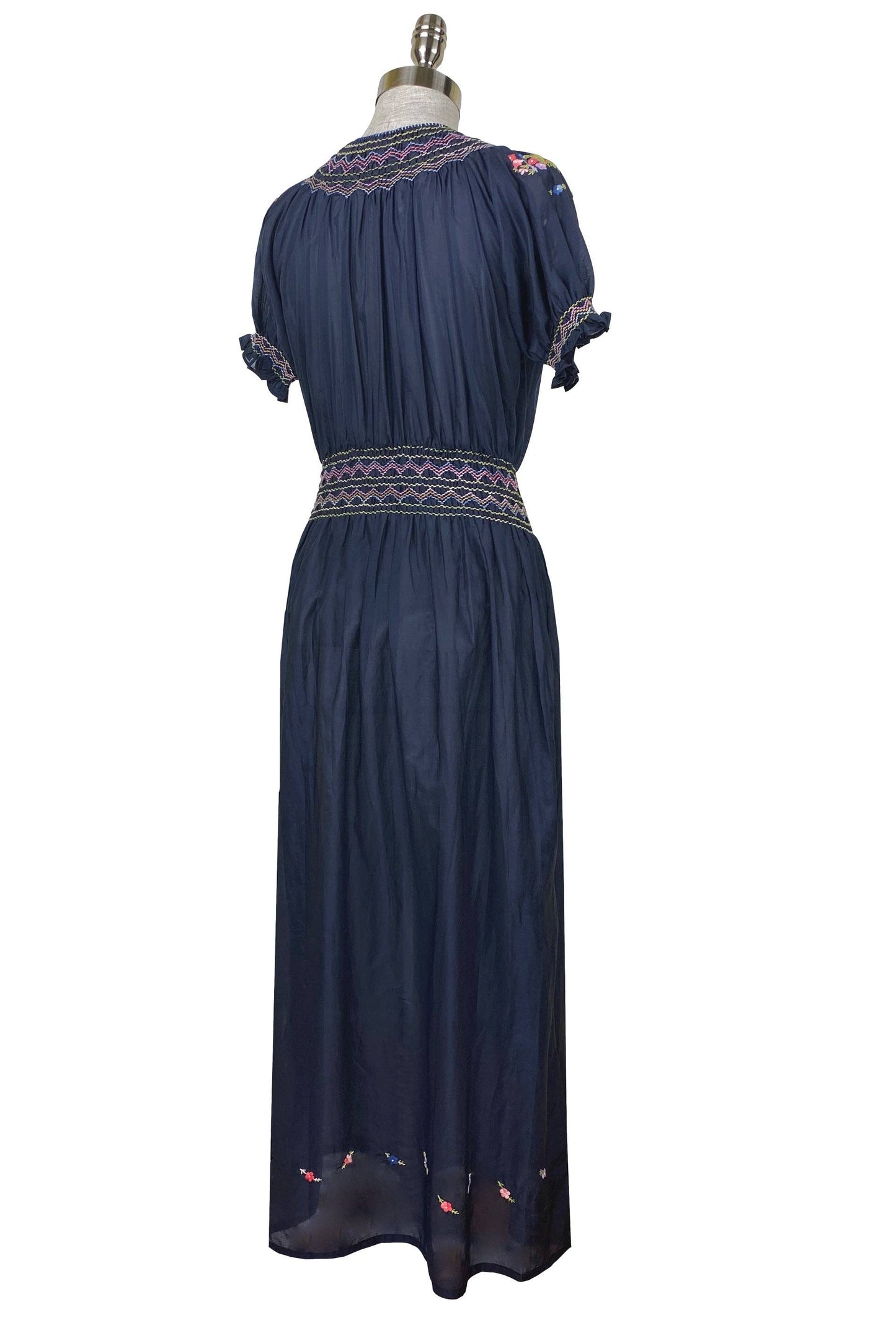 Vintage 1930's Style Embroidered Bohemian Maxi Dress - Navy