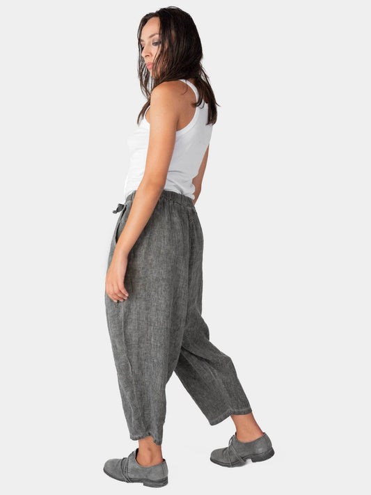 Stonewashed Linen Elastic Tie Waist Cropped Pants