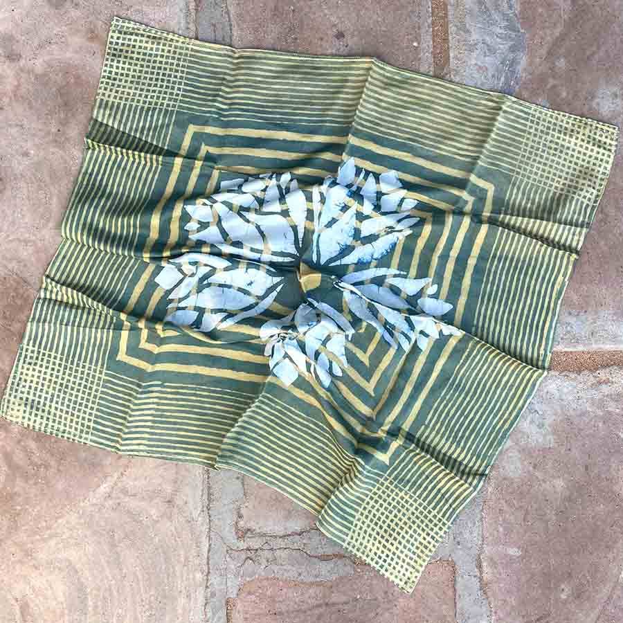 Green Square Plant Block Print Bandana, Hair Tie | Heer
